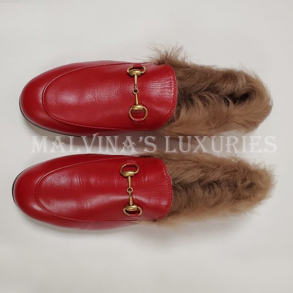 GUCCI SHOES JORDAAN HORSEBIT SHEARLING FUR RED LEATHER LOAFERS 37.5 7.5 US - Picture 6 of 16